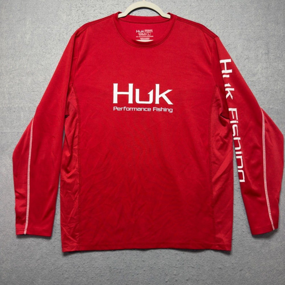 Huk Performance Fishing Shirt Mens Large Red Long Sleeve Graphic Logo Tee